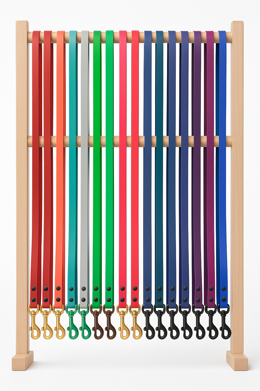 Colorful Biothane leashes displayed